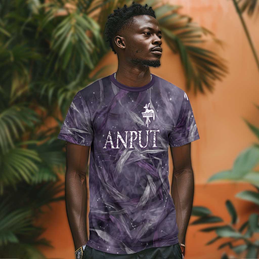 Anput Sacred Urn T-Shirt with Papyrus Flowers Egyptian Guardian in Violet Mist Graphic Tee