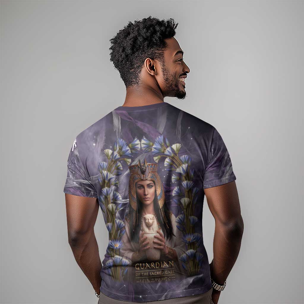 Anput Sacred Urn T-Shirt with Papyrus Flowers Egyptian Guardian in Violet Mist Graphic Tee