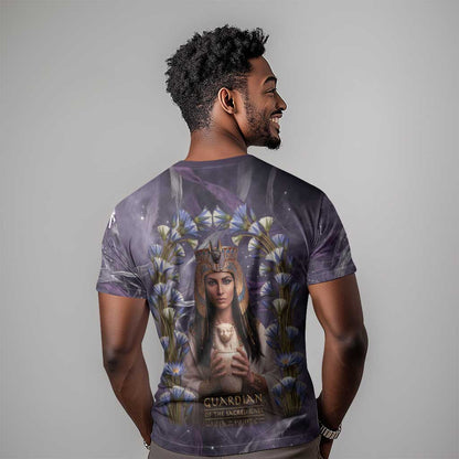 Anput Sacred Urn T-Shirt with Papyrus Flowers Egyptian Guardian in Violet Mist Graphic Tee
