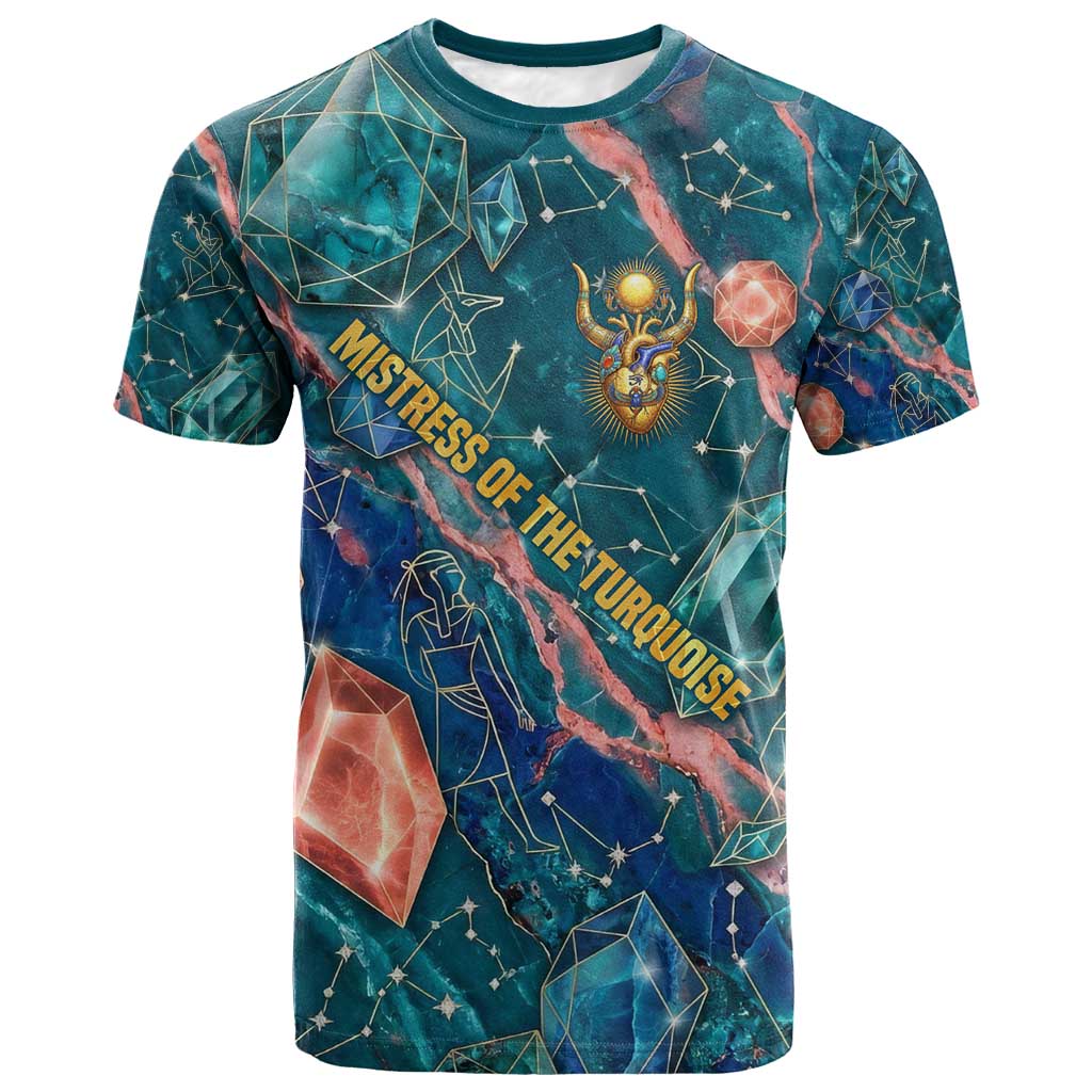 Hathor Golden Sacred Heart Egyptian T-Shirt with Gemstone Pattern in Turquoise Theme Graphic Tee