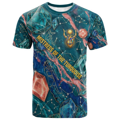 Hathor Golden Sacred Heart Egyptian T-Shirt with Gemstone Pattern in Turquoise Theme Graphic Tee