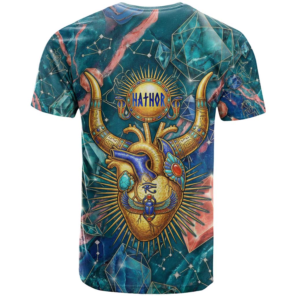 Hathor Golden Sacred Heart Egyptian T-Shirt with Gemstone Pattern in Turquoise Theme Graphic Tee