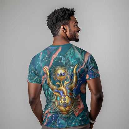 Hathor Golden Sacred Heart Egyptian T-Shirt with Gemstone Pattern in Turquoise Theme Graphic Tee