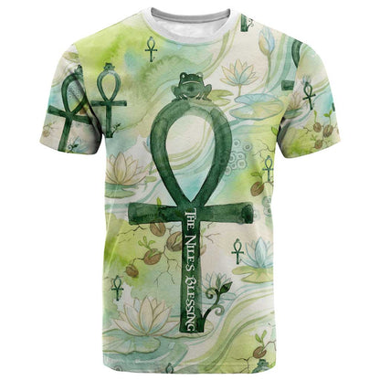 Heqet Nile Ankh Symbol T-Shirt Egyptian Lotus Motif in Watercolor Life Theme Graphic Tee