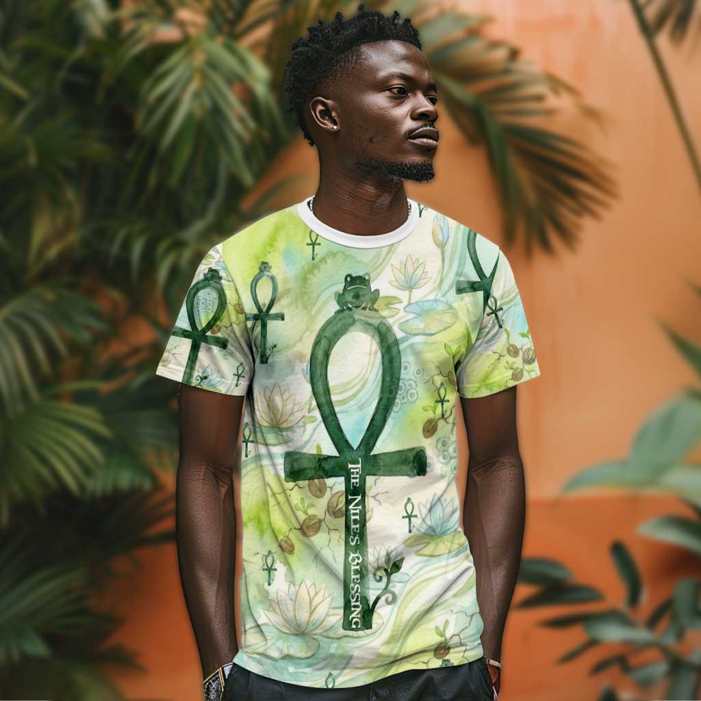 Heqet Nile Ankh Symbol T-Shirt Egyptian Lotus Motif in Watercolor Life Theme Graphic Tee