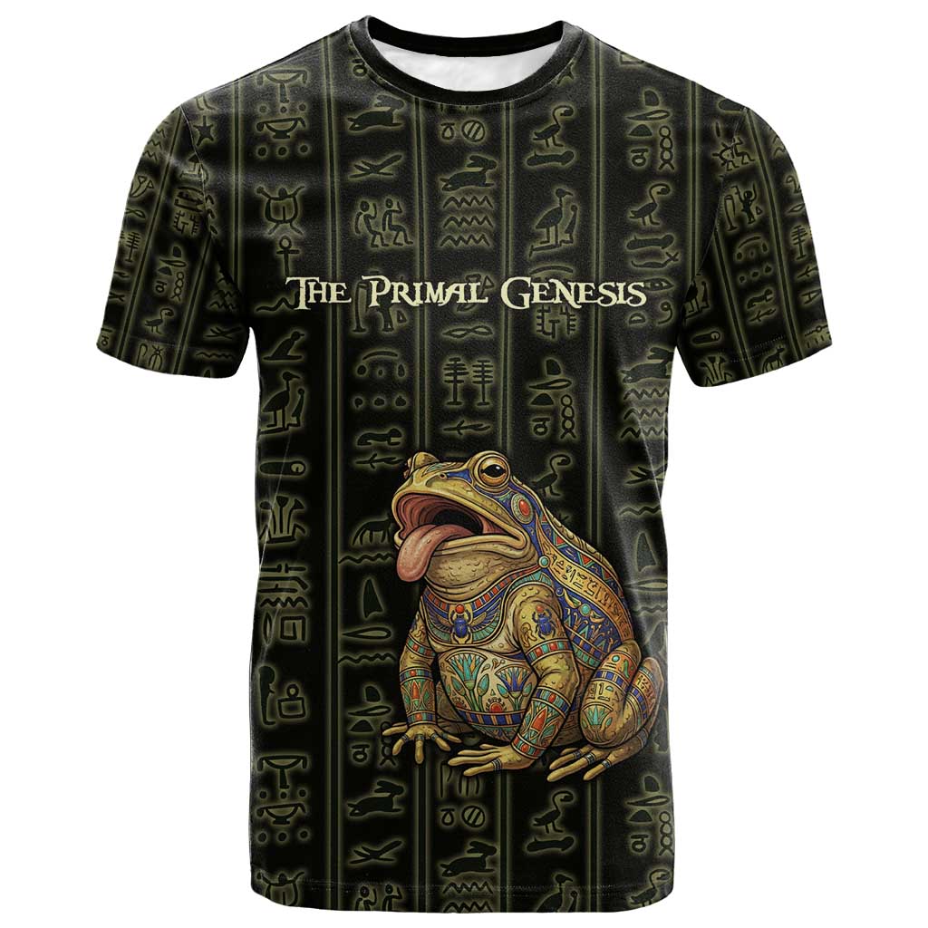 Heqet Ornate Frog Egyptian T-Shirt with Hieroglyphic Backdrop in Creation Theme Graphic Tee