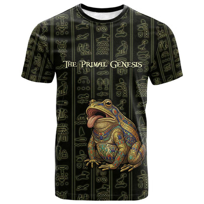 Heqet Ornate Frog Egyptian T-Shirt with Hieroglyphic Backdrop in Creation Theme Graphic Tee