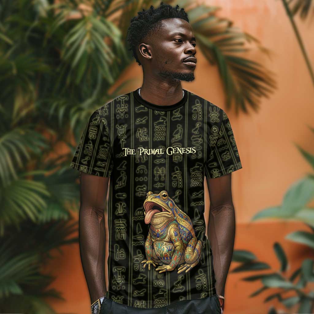 Heqet Ornate Frog Egyptian T-Shirt with Hieroglyphic Backdrop in Creation Theme Graphic Tee