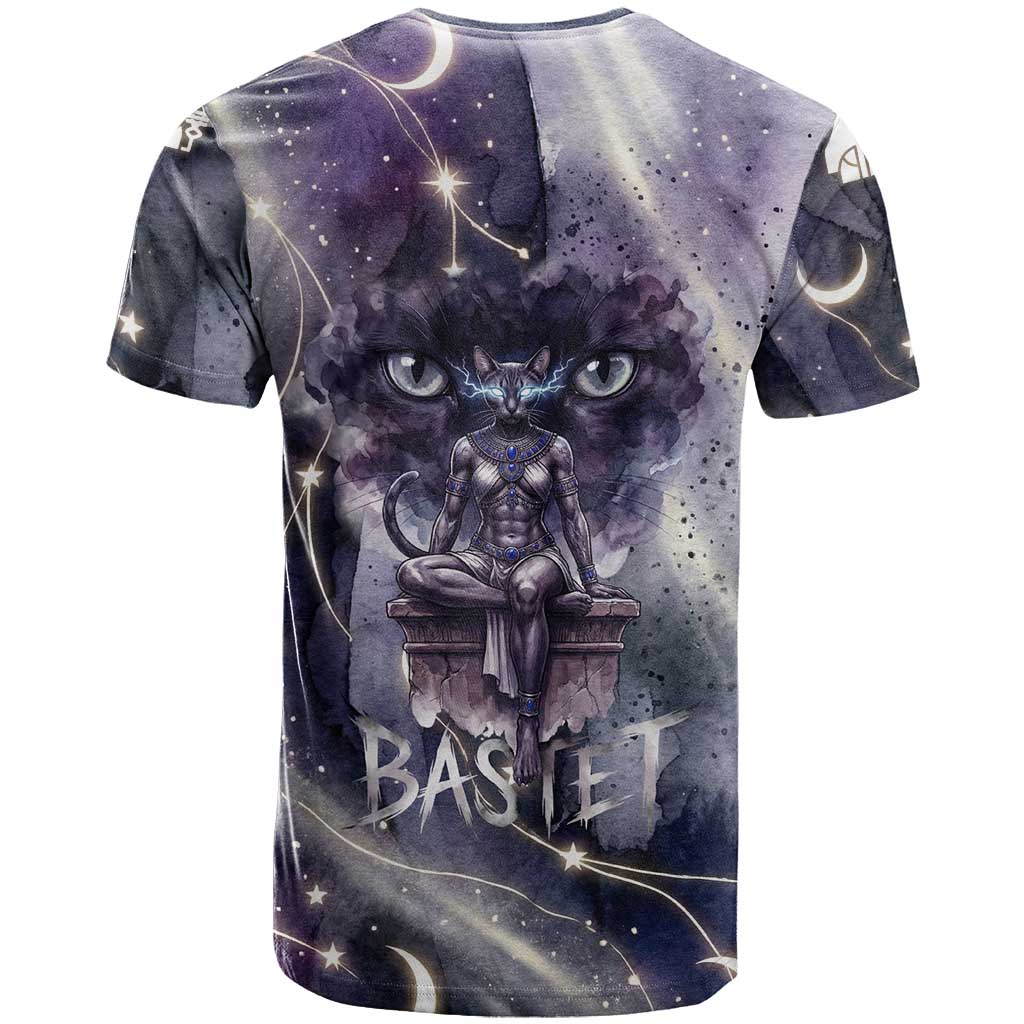 Bastet Egyptian T-Shirt Cat Goddess Cosmic Protector Moon Magic Night Sky Graphic Tee