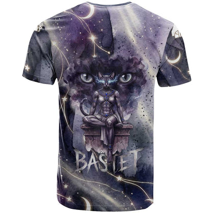 Bastet Egyptian T-Shirt Cat Goddess Cosmic Protector Moon Magic Night Sky Graphic Tee