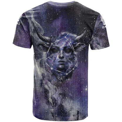 Bat Egyptian T-Shirt Cow Goddess Celestial Face Horn Ring Gem Cosmic Starry Sky Graphic Tee