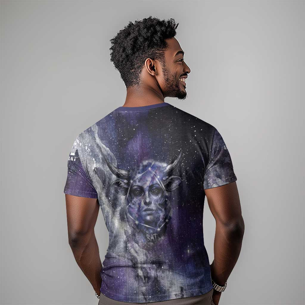 Bat Egyptian T-Shirt Cow Goddess Celestial Face Horn Ring Gem Cosmic Starry Sky Graphic Tee
