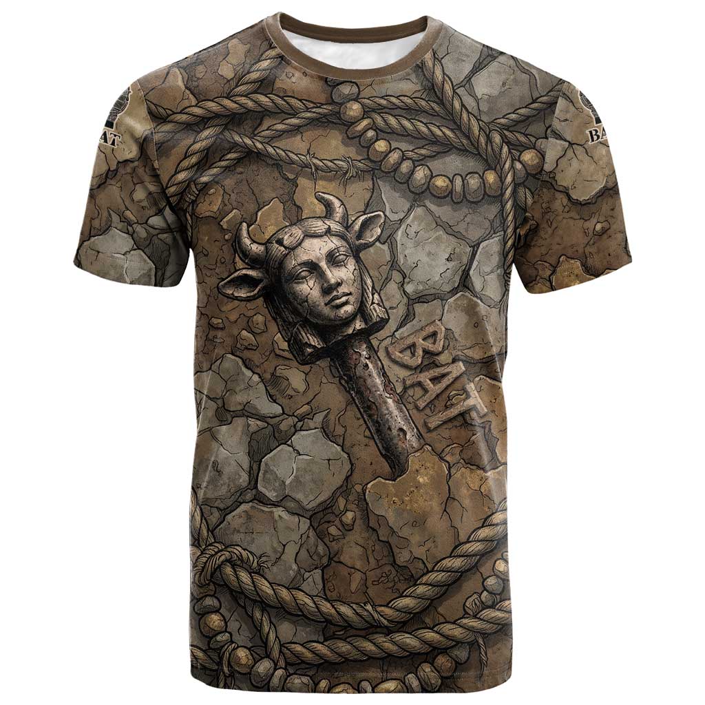 Bat T-Shirt Goddess of the Cosmos Ancient Egyptian Cow Horns Stone Graphic Tee