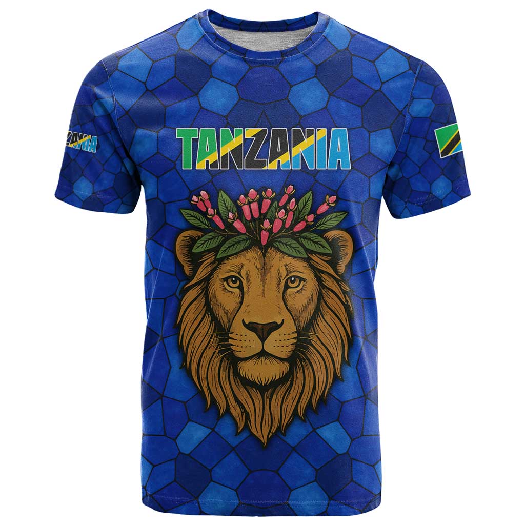 Tanzania Simba Lion T-Shirt with Floral Crown and Blue Mosaic Design Graphic Tee