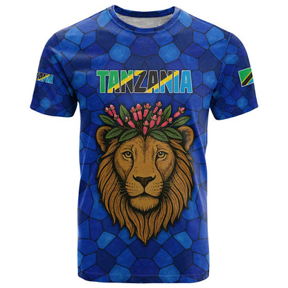 Tanzania Simba Lion T-Shirt with Floral Crown and Blue Mosaic Design Graphic Tee