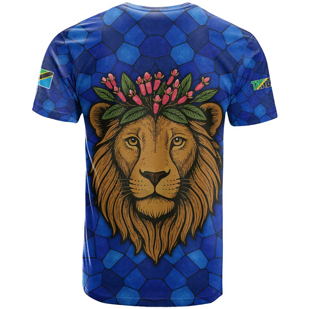 Tanzania Simba Lion T-Shirt with Floral Crown and Blue Mosaic Design Graphic Tee