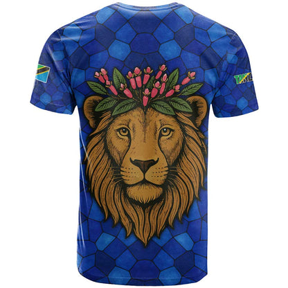 Tanzania Simba Lion T-Shirt with Floral Crown and Blue Mosaic Design Graphic Tee