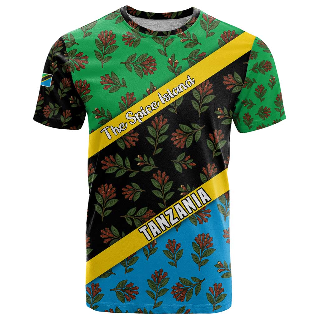 Tanzania Spice Island T-Shirt with Clove Leaf Pattern and National Flag Colors Graphic Tee