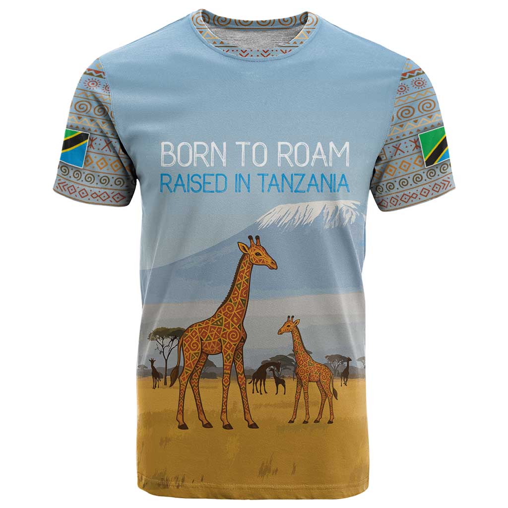 Tanzania Safari Giraffe T-Shirt with Tribal Patterns and Mount Kilimanjaro Scene Graphic Tee