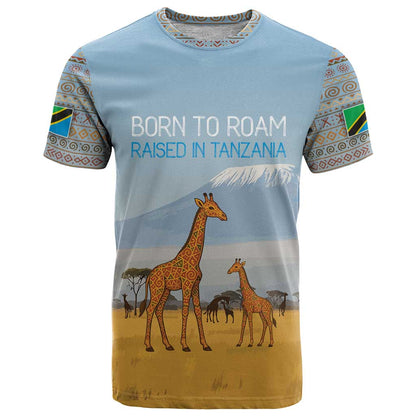 Tanzania Safari Giraffe T-Shirt with Tribal Patterns and Mount Kilimanjaro Scene Graphic Tee