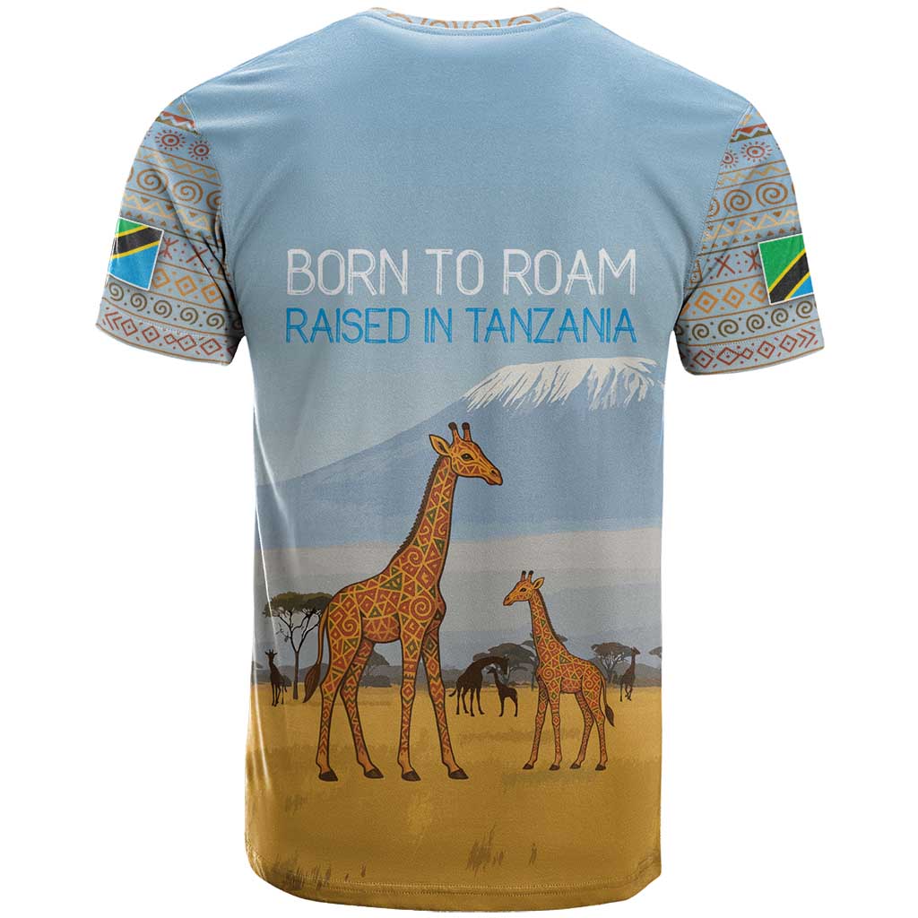 Tanzania Safari Giraffe T-Shirt with Tribal Patterns and Mount Kilimanjaro Scene Graphic Tee