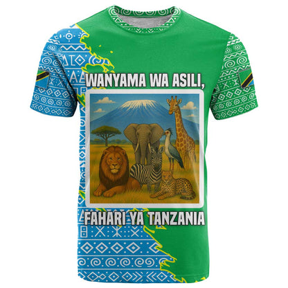Tanzania Wildlife T-Shirt with Tribal Print and Mount Kilimanjaro Safari Scene Graphic Tee