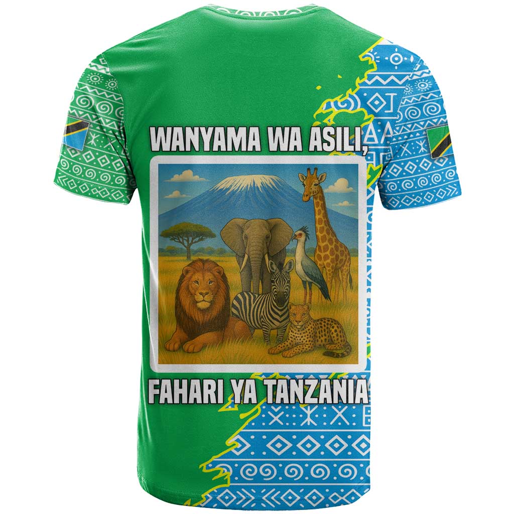 Tanzania Wildlife T-Shirt with Tribal Print and Mount Kilimanjaro Safari Scene Graphic Tee