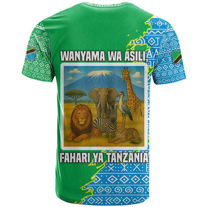 Tanzania Wildlife T-Shirt with Tribal Print and Mount Kilimanjaro Safari Scene Graphic Tee