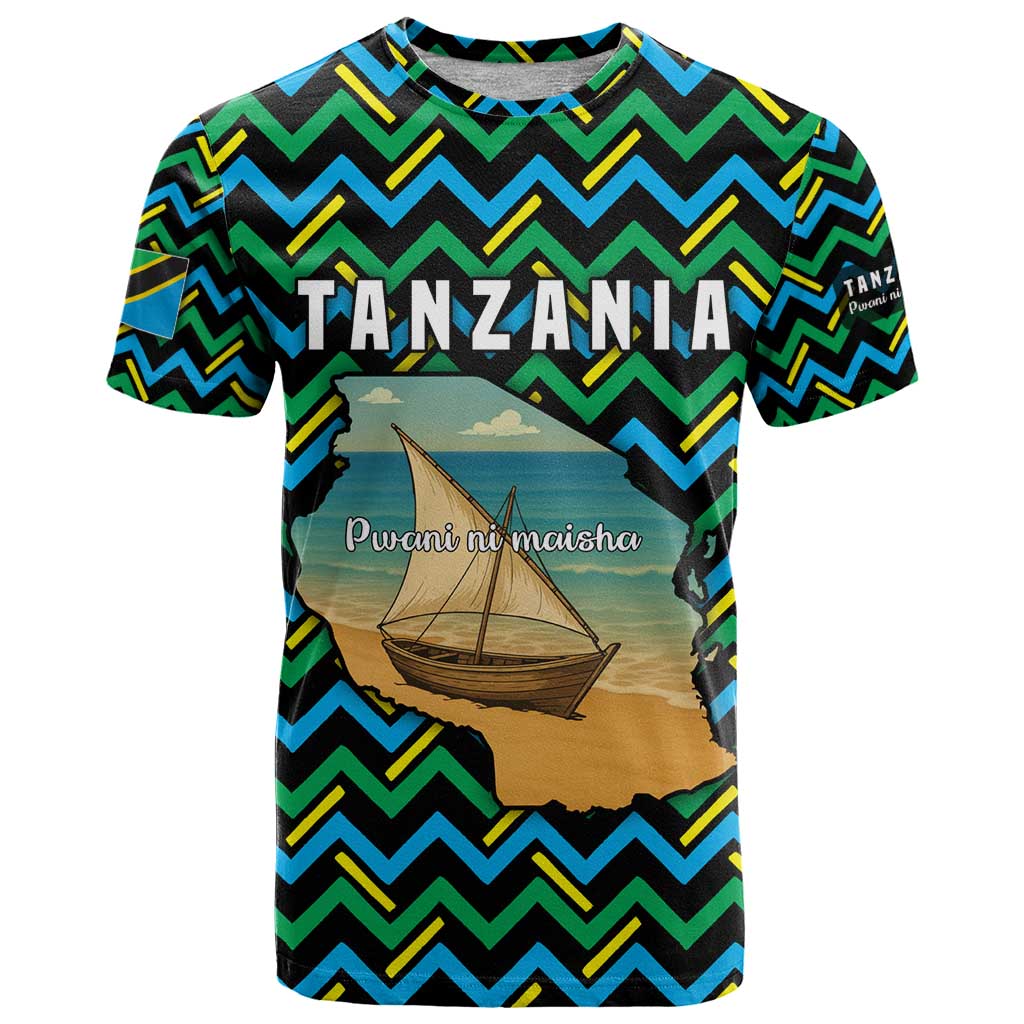 Tanzania Coastal Life T-Shirt with Swahili Dhow Boat and Tribal Pattern Graphic Tee