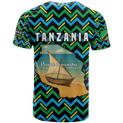 Tanzania Coastal Life T-Shirt with Swahili Dhow Boat and Tribal Pattern Graphic Tee