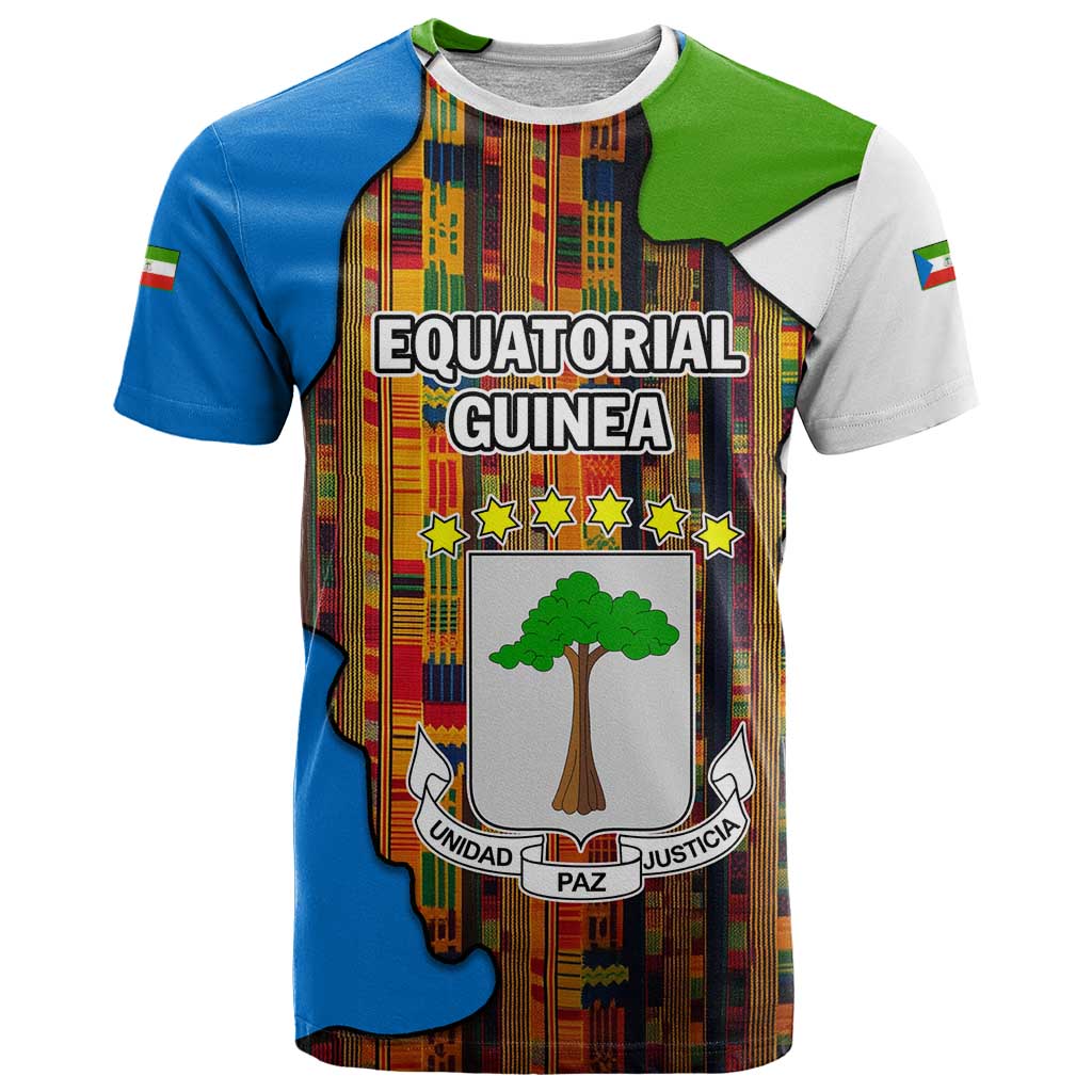 Equatorial Guinea Kente T-Shirt with Tribal Mask and National Coat of Arms Graphic Tee