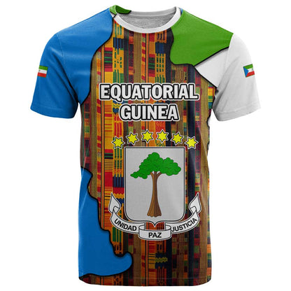 Equatorial Guinea Kente T-Shirt with Tribal Mask and National Coat of Arms Graphic Tee