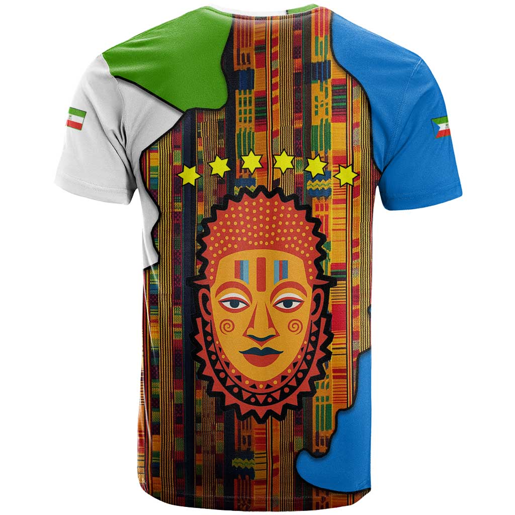 Equatorial Guinea Kente T-Shirt with Tribal Mask and National Coat of Arms Graphic Tee