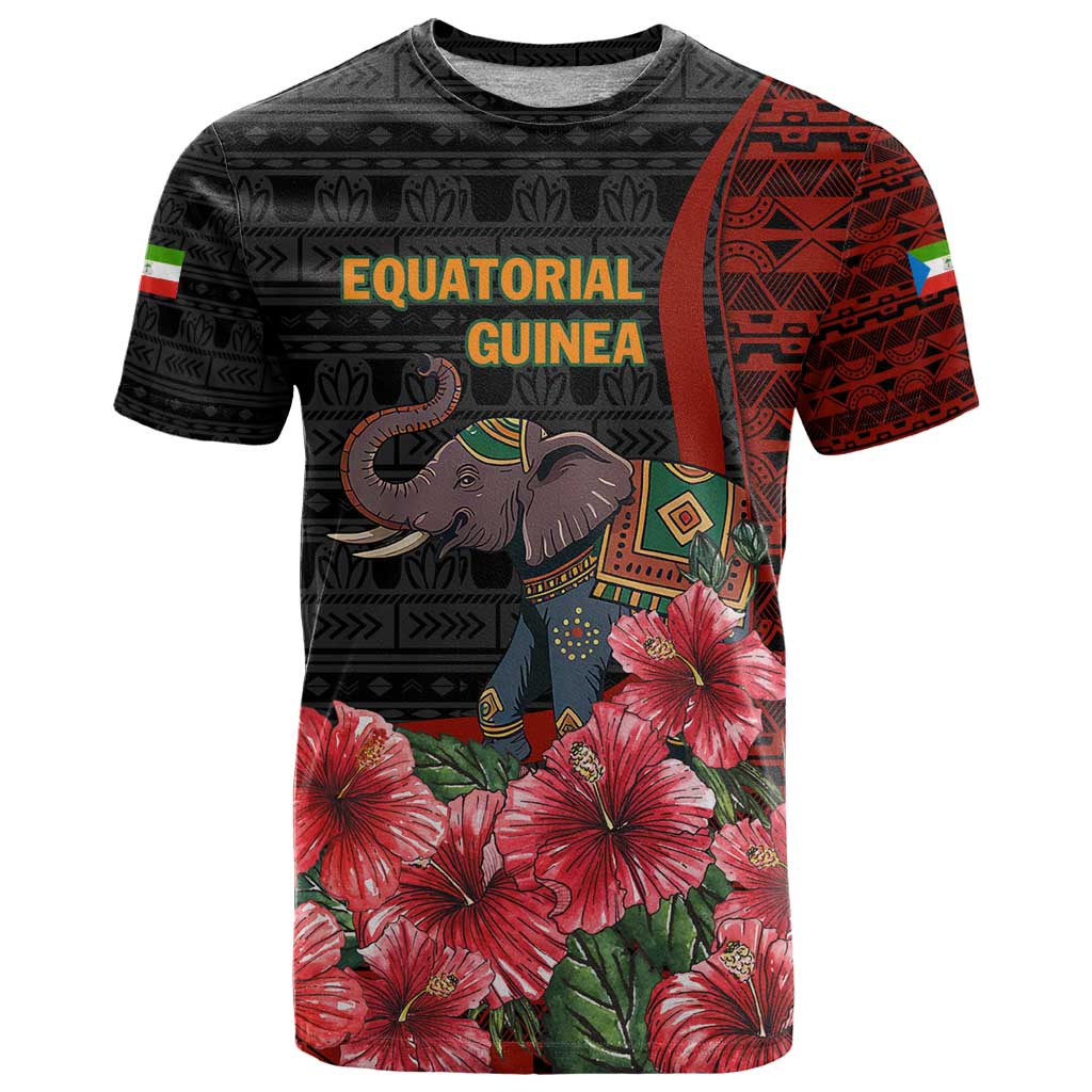 Equatorial Guinea Elephant T-Shirt with Hibiscus Flowers and Tribal Patterns Graphic Tee