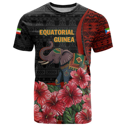 Equatorial Guinea Elephant T-Shirt with Hibiscus Flowers and Tribal Patterns Graphic Tee