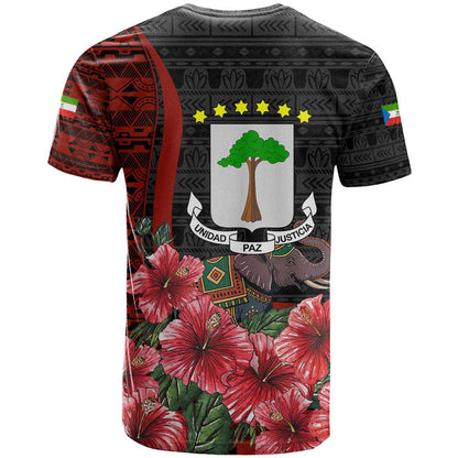 Equatorial Guinea Elephant T-Shirt with Hibiscus Flowers and Tribal Patterns Graphic Tee