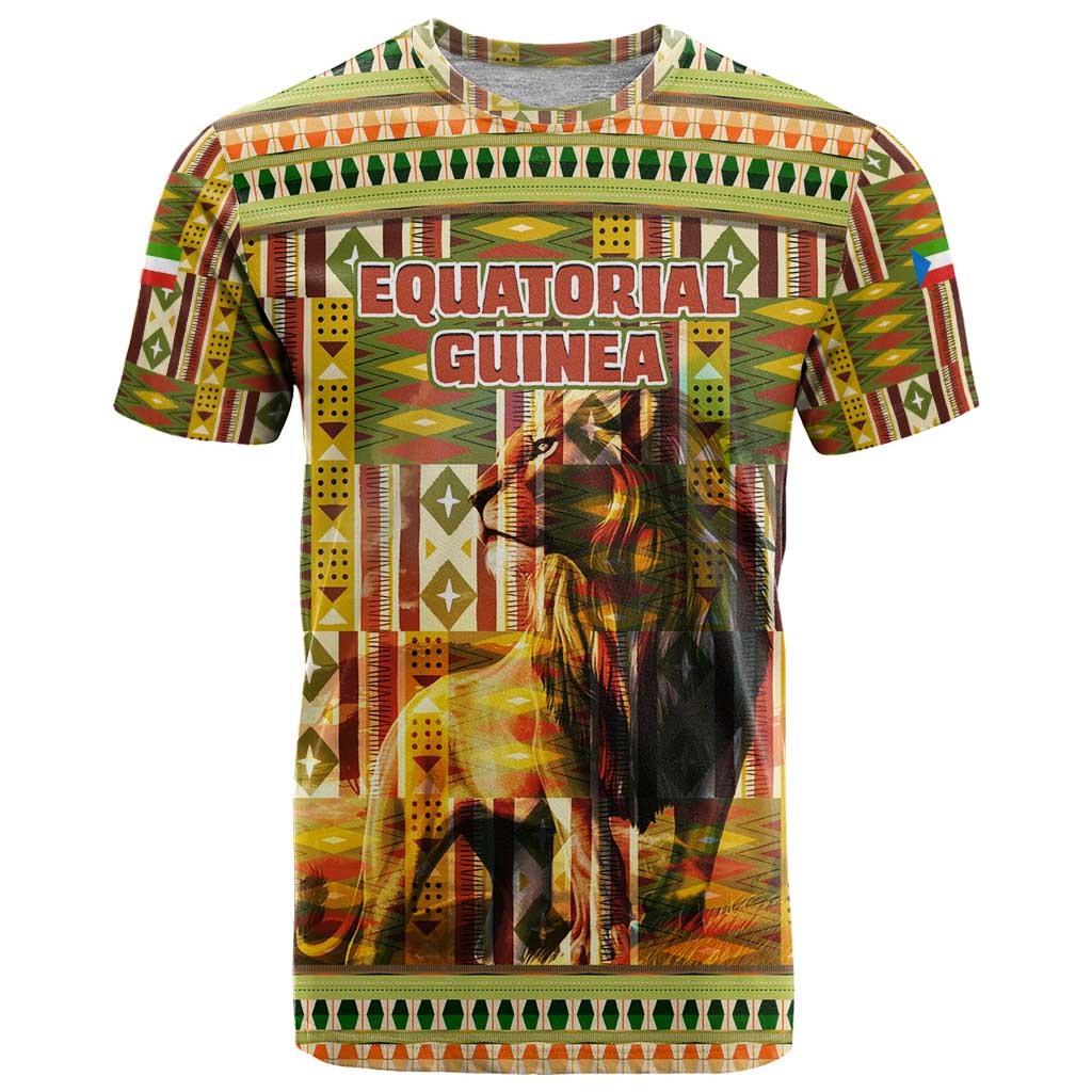Equatorial Guinea T-Shirt with Lion Print and Traditional African Kente Patterns Graphic Tee