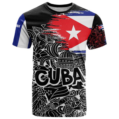 Cuba Flag T-Shirt Black with Red White Blue Patriotic Graphics and Cultural Doodle Design Graphic Tee