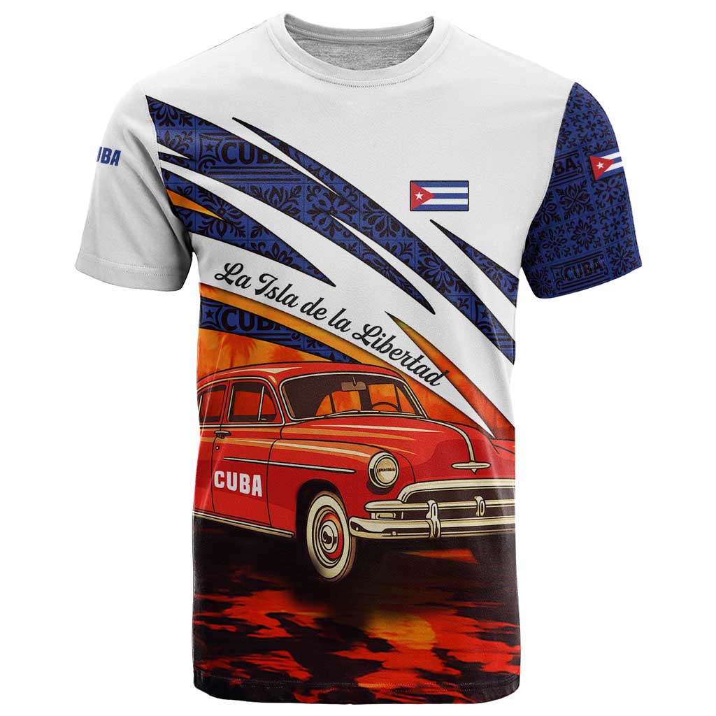 Cuba Classic Car T-Shirt La Isla de la Libertad Red Vintage Auto with Cuban Flag Design Graphic Tee
