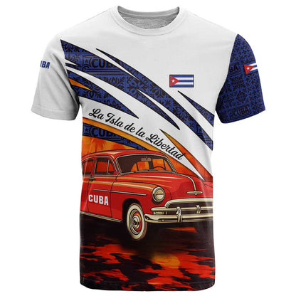 Cuba Classic Car T-Shirt La Isla de la Libertad Red Vintage Auto with Cuban Flag Design Graphic Tee