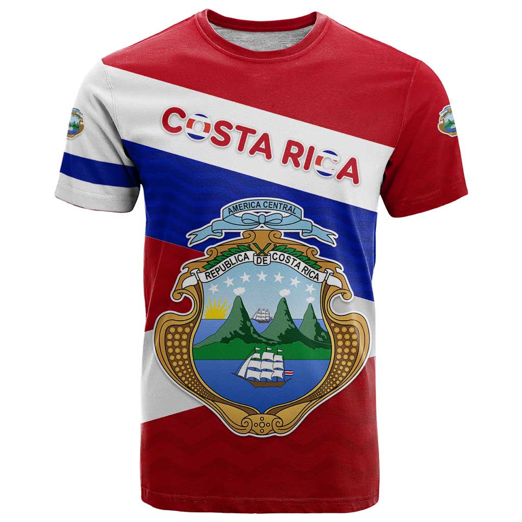 Costa Rica Flag T-Shirt Red White Blue with National Coat of Arms and Shield Design Graphic Tee