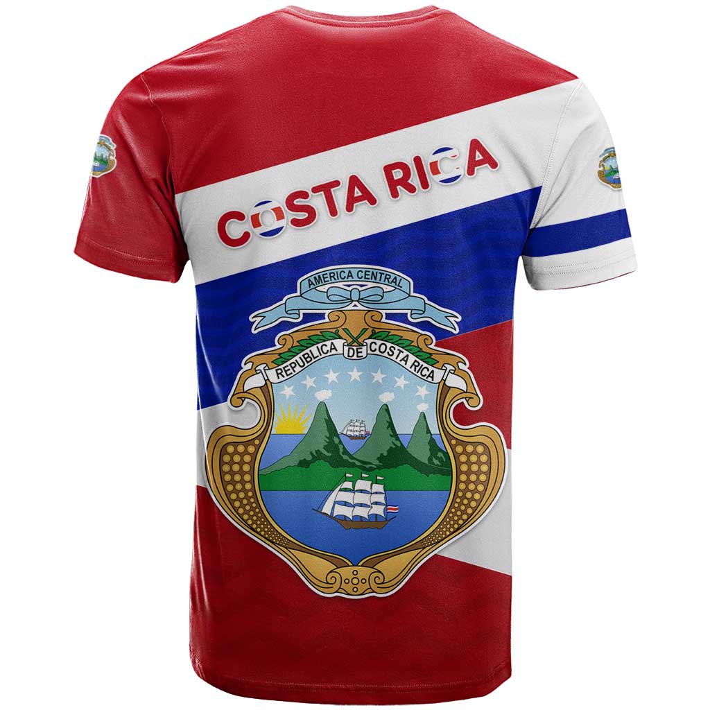 Costa Rica Flag T-Shirt Red White Blue with National Coat of Arms and Shield Design Graphic Tee