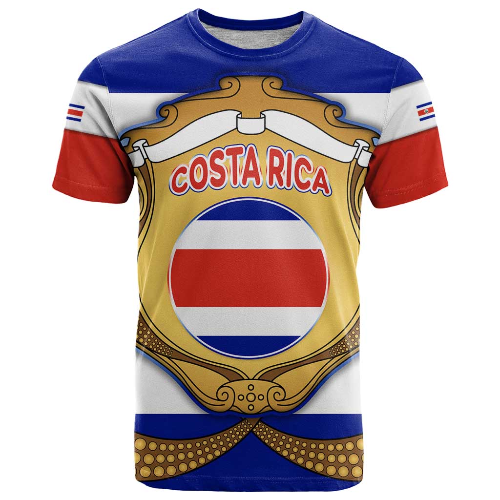 Costa Rica Flag Map T-Shirt Red White Blue with National Colors and Gold Crest Design Graphic Tee