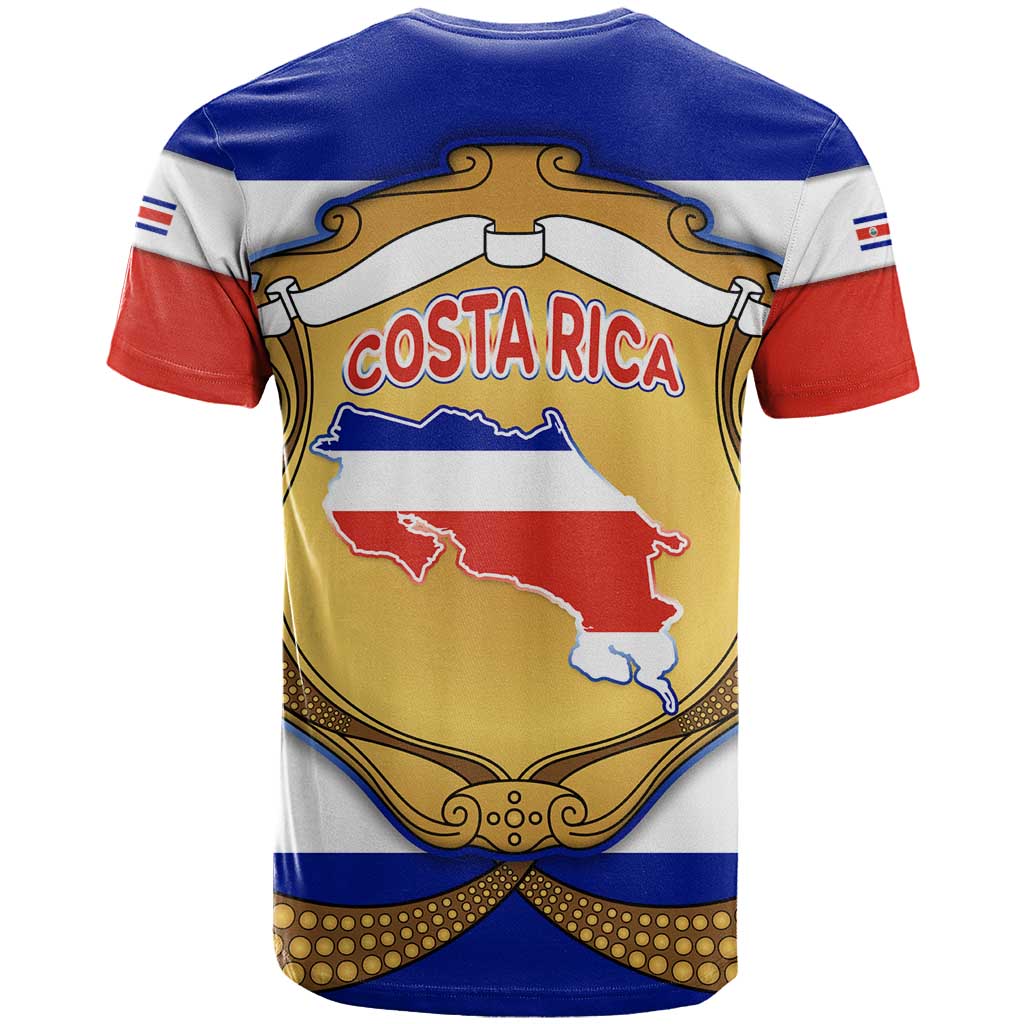 Costa Rica Flag Map T-Shirt Red White Blue with National Colors and Gold Crest Design Graphic Tee