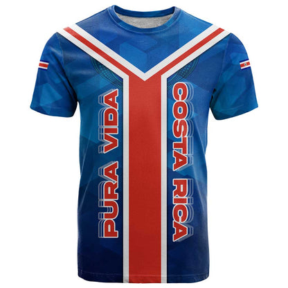 Costa Rica Pura Vida T-Shirt Blue Geometric with Red Stripe and National Flag Detail Graphic Tee