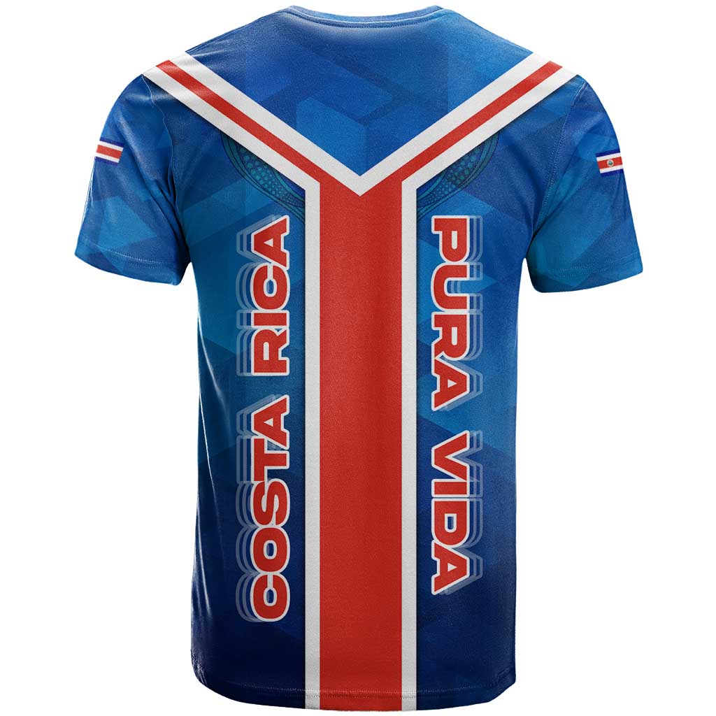 Costa Rica Pura Vida T-Shirt Blue Geometric with Red Stripe and National Flag Detail Graphic Tee