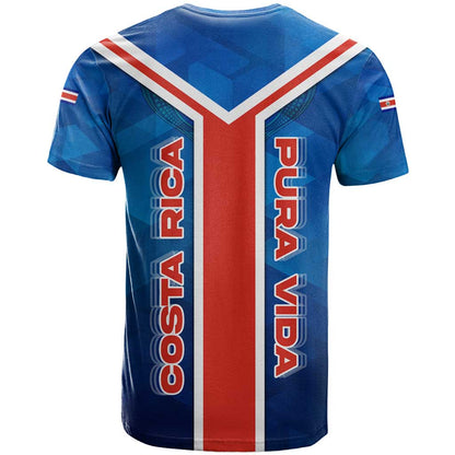 Costa Rica Pura Vida T-Shirt Blue Geometric with Red Stripe and National Flag Detail Graphic Tee