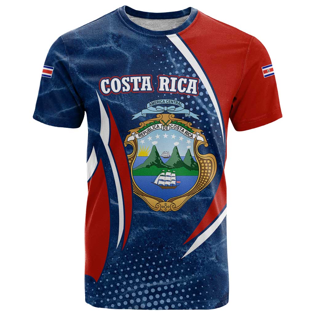 Costa Rica Orchid T-Shirt Red and Blue with National Emblem and Purple Flower Design Graphic Tee
