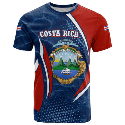 Costa Rica Orchid T-Shirt Red and Blue with National Emblem and Purple Flower Design Graphic Tee