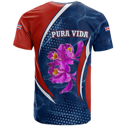 Costa Rica Orchid T-Shirt Red and Blue with National Emblem and Purple Flower Design Graphic Tee